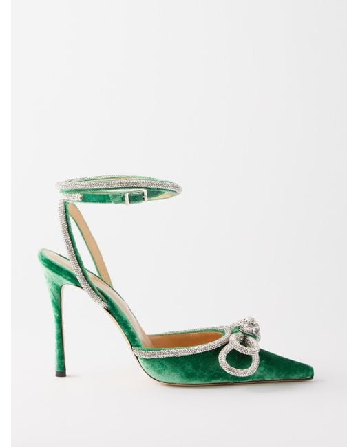 Mach & Mach Double Bow 110 Crystal And Velvet Pumps in Green | Lyst