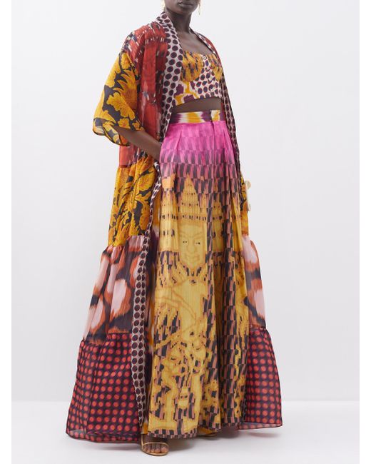 Manteau long patchwork en organza de soie Rembulan Biyan en coloris Rouge |  Lyst