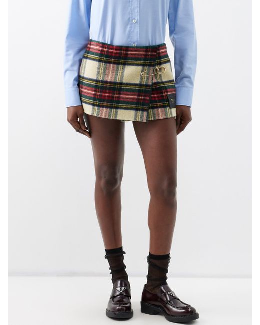 Prada Black Safety-pin Tartan-check Tweed Wrap Skirt