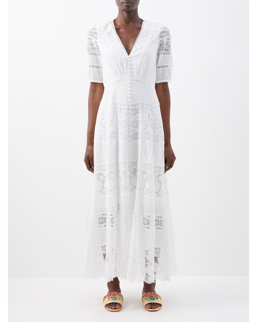 Saloni Lea Pintuck Lace-insert Cotton Midi Dress in Ivory (White) | Lyst