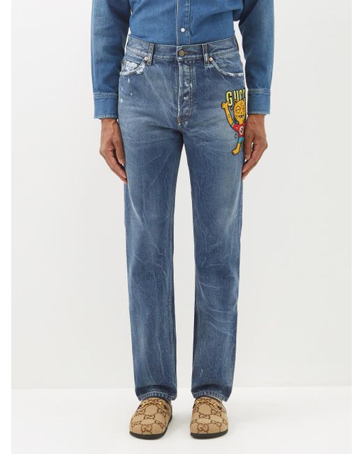 Gucci Tiger-embroidered Denim Straight-leg Jeans in Dark Blue (Blue ...