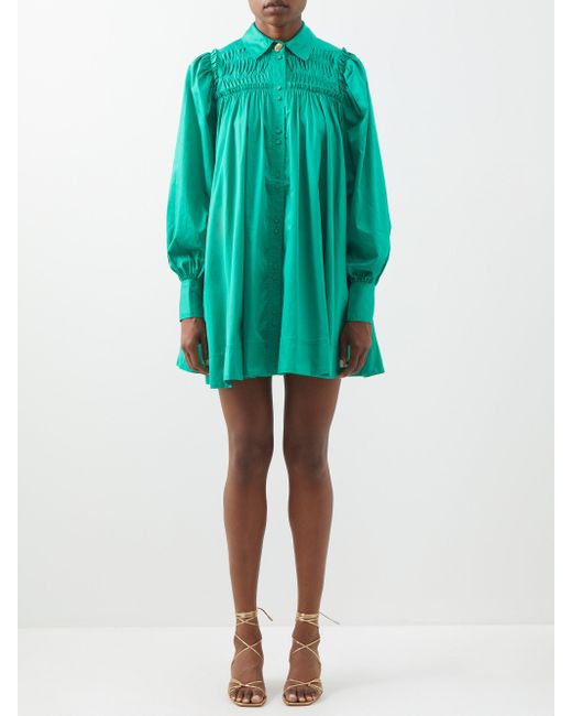 Aje. Tidal Pintucked Cotton Shirt Dress in Emerald (Green) | Lyst