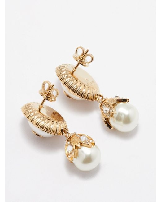 Gucci Interlocking G Crystal Faux pearl Drop Earrings in Natural