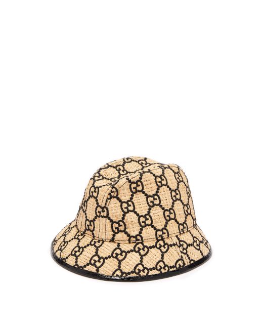 Gucci Leather Wovenstraw Bucket Hat In Beige in Black (Natural) Save