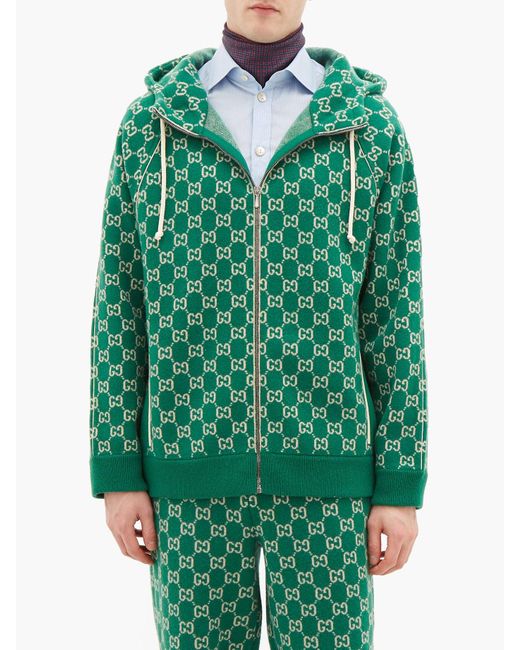 Gucci GGjacquard Woolblend Zipthrough Hooded Sweater in Green for