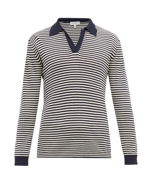 Odyssee Breton Striped Long Sleeve Cotton Polo Shirt In Blue For