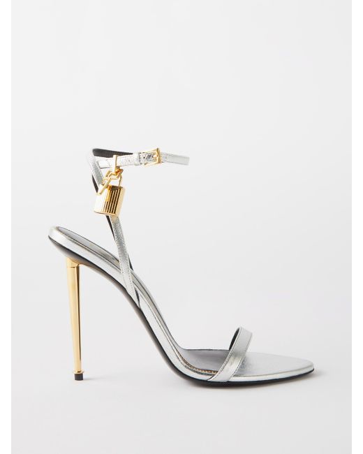Tom Ford Padlock 105 Metallic-leather Sandals in White | Lyst