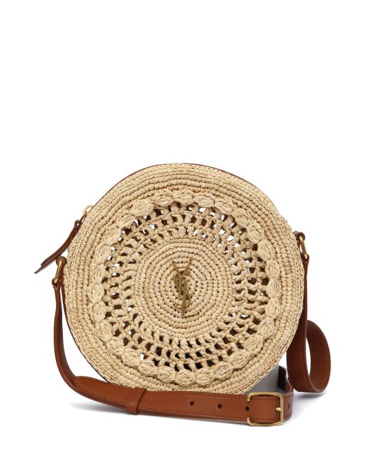 Saint Laurent Round Ysl Leather And Raffia Crossbody Bag Lyst