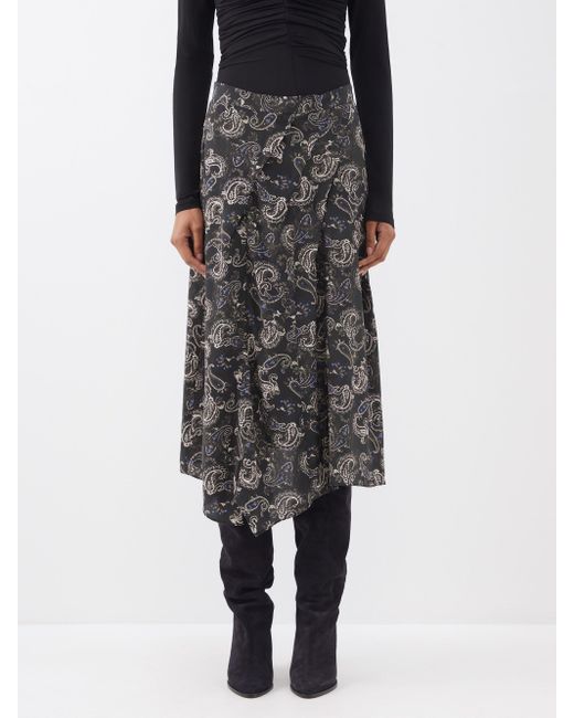 Isabel Marant Cacia Silk-print Asymmetric Skirt in Black | Lyst