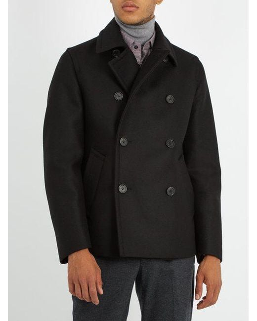 Prada Double-breasted Wool Pea Coat in Black for Men | Lyst