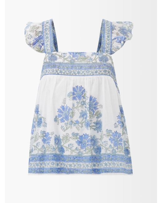 Juliet Dunn Blue Floral-print Cotton Top