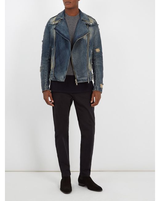 Balmain Distressed Denim Biker Jacket 