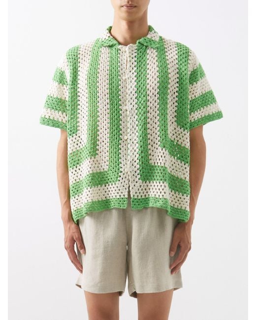 Bode Striped Cotton-crochet Shirt in Green for Men | Lyst