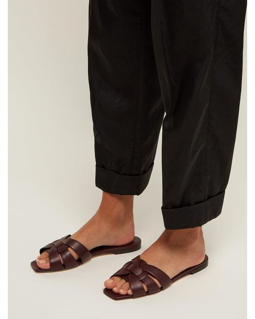 Saint Laurent Tribute Nu Pieds Leather Slides in Brown Lyst