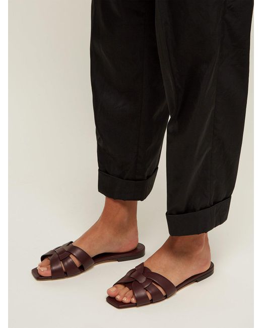 Saint Laurent Tribute Nu Pieds Leather Slides in Brown | Lyst