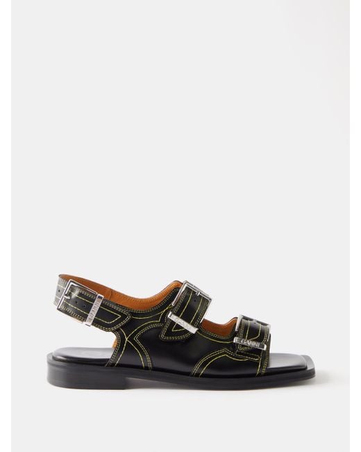 Ganni Embroidered Western Topstitched Leather Sandals in White Lyst