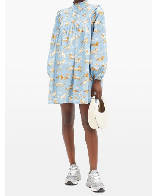 Ganni Horse-print Pintucked Cotton Smock Dress in Blue | Lyst