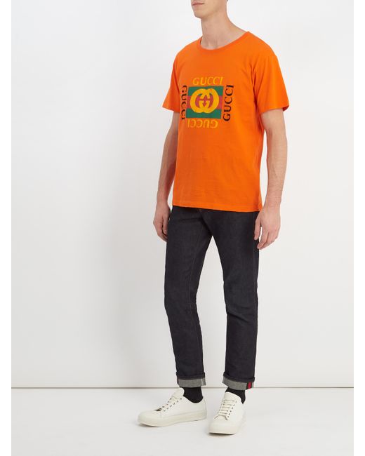 Gucci Logo Cotton T-shirt in Orange for Men | Lyst