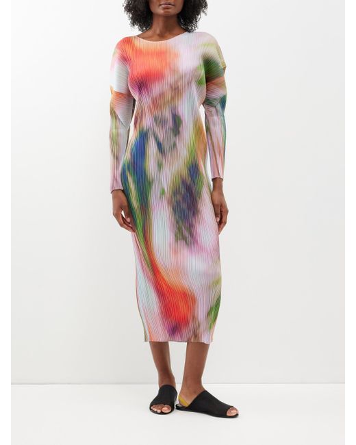 Pleats Please Issey Miyake White Abstract-print Technical-pleated Midi Dress