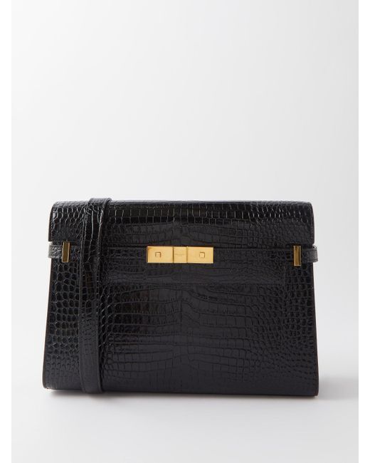 Saint Laurent Manhattan Croceffect Leather Shoulder Bag in Black Lyst