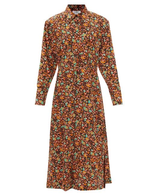 Victoria Beckham Floral-print Silk Shirt Dress in Brown - Lyst