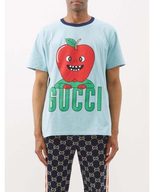 Gucci Appleprint Cottonjersey Tshirt in Light Blue (Blue) for Men Lyst