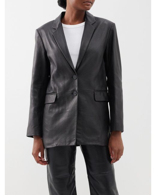 FRAME The Oversized Leather Blazer in Gray Lyst