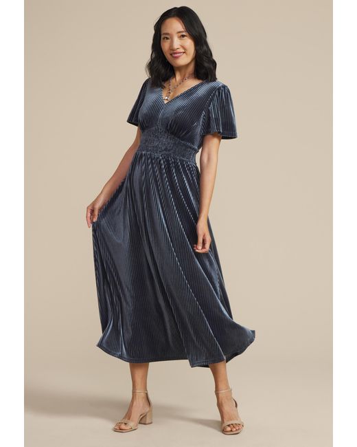 maurices Blue Ribbed Velvet Smocked Midi Dress