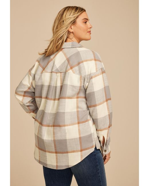 maurices Natural Plus Size Cabin Plaid Boyfriend Tunic Button Down Shirt