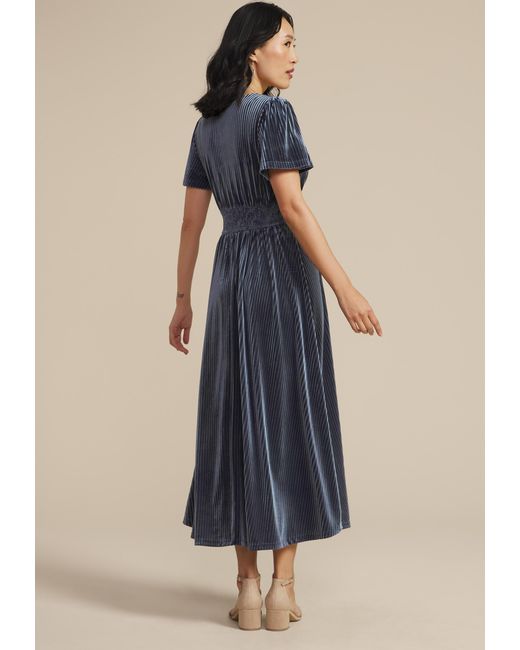 maurices Blue Ribbed Velvet Smocked Midi Dress