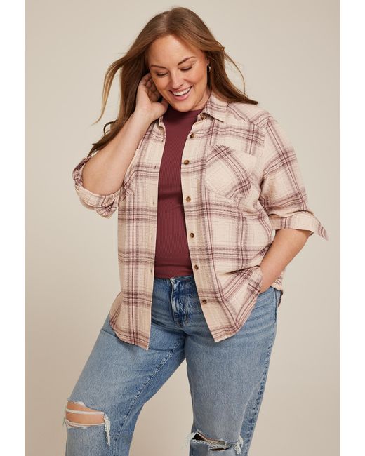 maurices Natural Plus Size Pucker Plaid Button Down Shirt