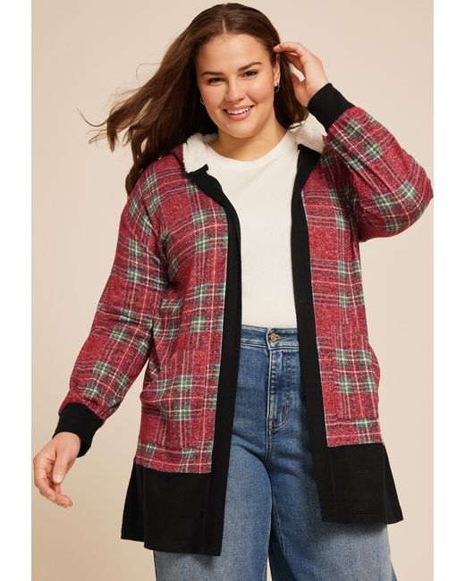 maurices Red Plus Size Buffalo Plaid Flannel Sherpa Lined Hood Cardigan