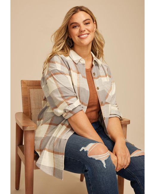 maurices Natural Plus Size Cabin Plaid Boyfriend Tunic Button Down Shirt