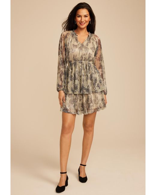 maurices Natural Metallic Floral Tiered Mini Dress