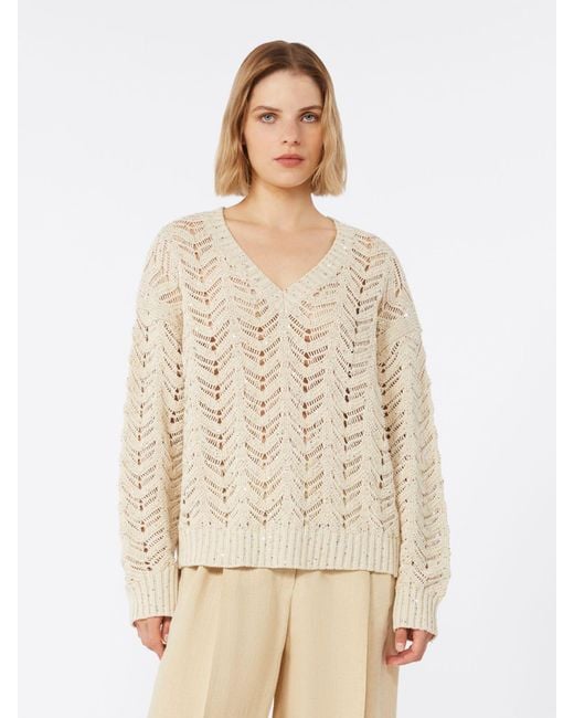 Max Mara White Pullover Aus Baumwollgewebe Mit Pailletten