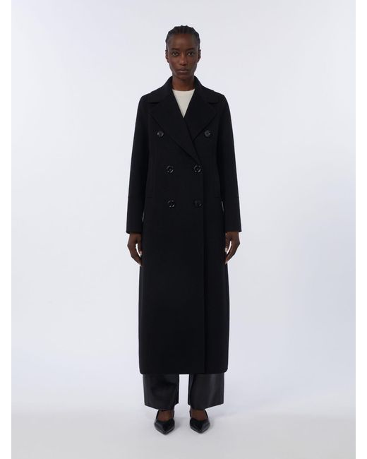 Max Mara Black Long Wool Coat With Half-Belt Detail