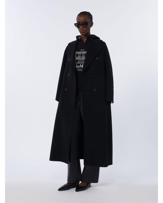 Max Mara Black Long Wool Coat With Half-Belt Detail