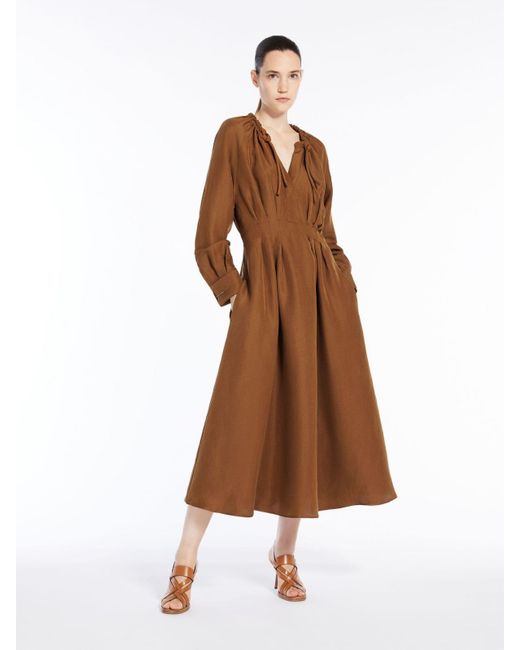 Max Mara Brown Feminine Dress In Linen And Silk
