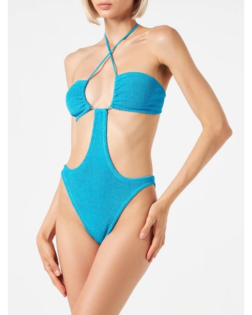 Mc2 Saint Barth Blue Light Lurex Crinkle Trikini Swimsuit One Piece