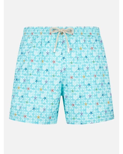 Mc2 Saint Barth Blue Stretch Fabric Comfort Swim Shorts With Sea Star Print Swimshort