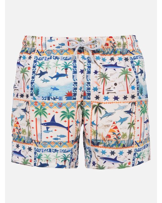 Mc2 Saint Barth Blue Mid-Length Gustavia Swim-Shorts With Shark Print