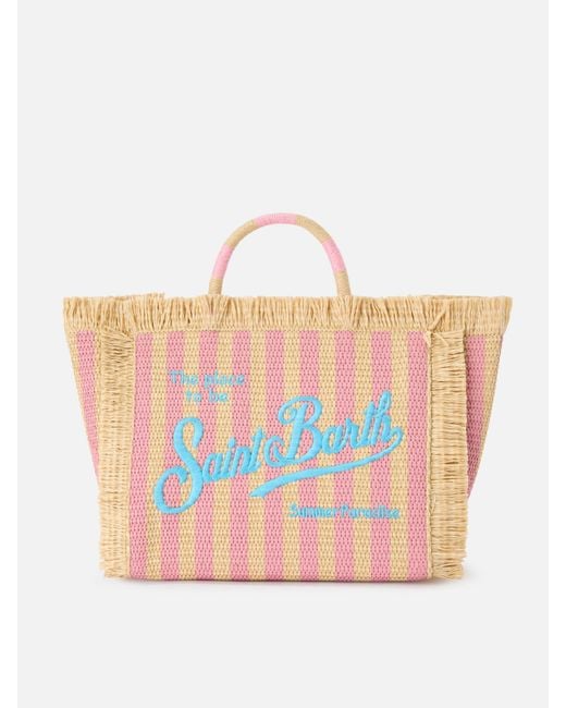 Mc2 Saint Barth Pink Colette Bag Striped Straw Effect Fabric With Embroidered Logo