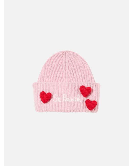 Mc2 Saint Barth Pink Wengen Soft Beanie With Hearts Appliqués