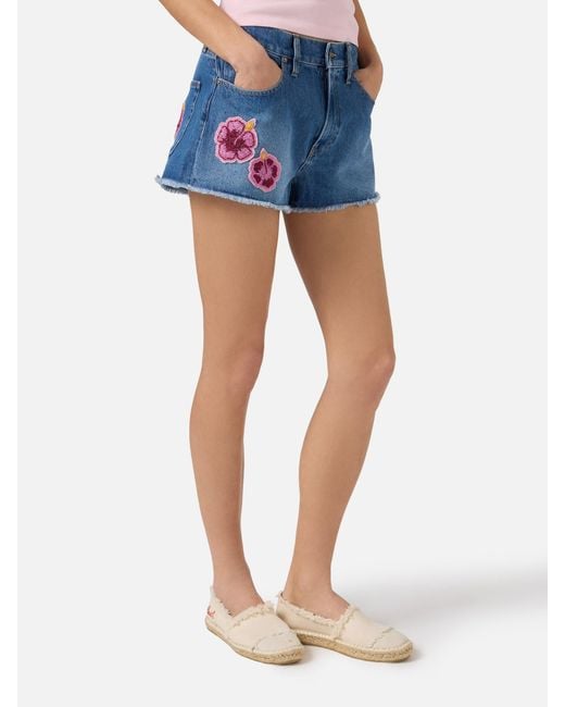 Mc2 Saint Barth Blue Musa Denim Shorts With Embroidered Floral Patches Pant
