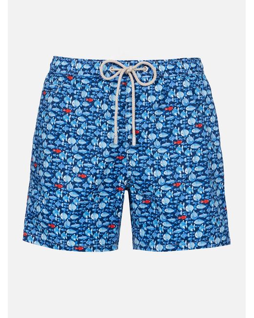 Mc2 Saint Barth Blue Comfort Light Classic Stretch Swim Shorts With Fishes Print Swimshort