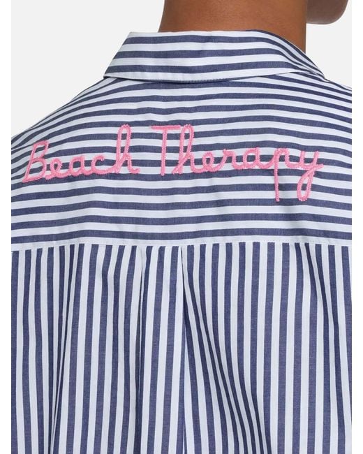 Mc2 Saint Barth Blue Brigitte Striped-Print Cotton Shirt With Saint Barth Beach Club Embroidery