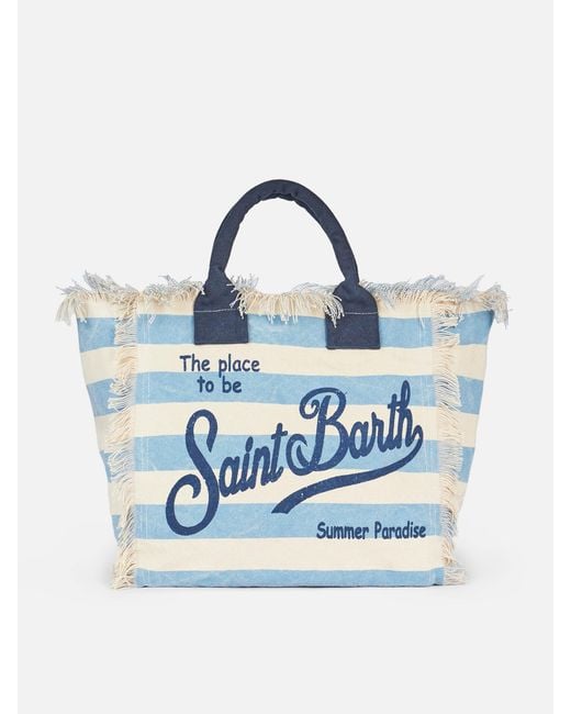 Mc2 Saint Barth Blue Cotton Canvas Vanity Tote Bag With Light Striped Print for men
