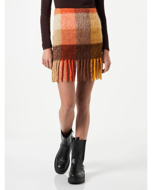 Mc2 Saint Barth Orange Katrine Check Skirt With Fringes
