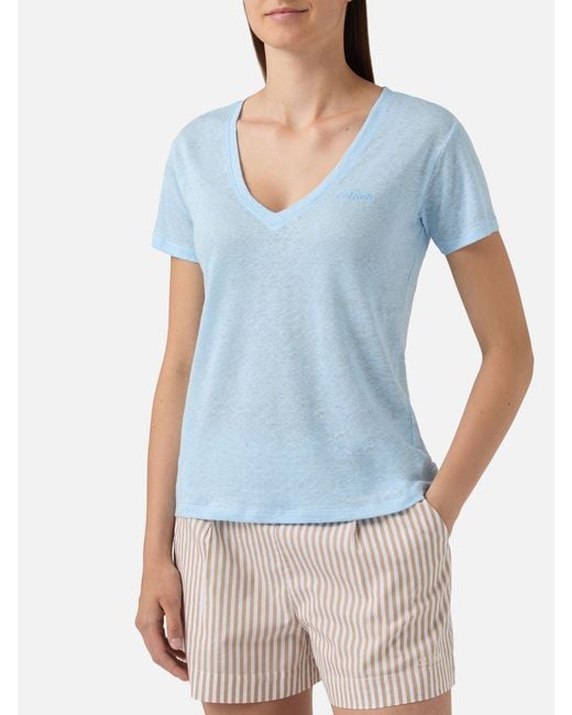 Mc2 Saint Barth Blue Light Linen Eloise T-Shirt With Embroidered Logo