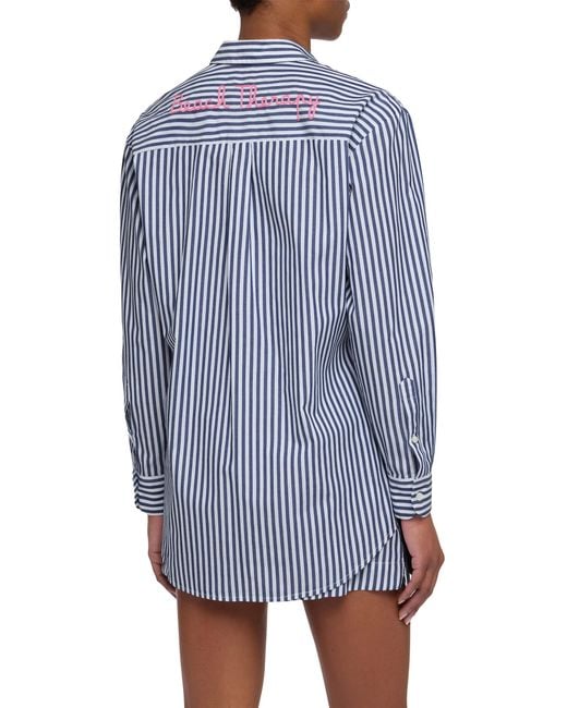 Mc2 Saint Barth Blue Brigitte Striped-Print Cotton Shirt With Saint Barth Beach Club Embroidery